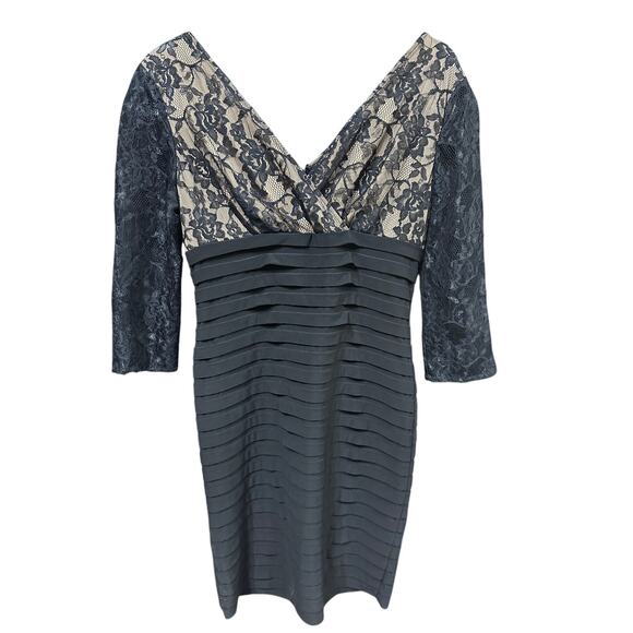 Adrianna Papell Dress Lace Black Nude Tiered 3/4 Sleeves 6 Elegant Event Party - Picture 1 of 12